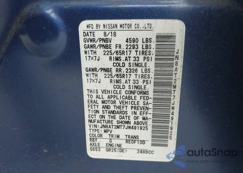 2018 Nissan Rogue Sv z USA, uszkodzony, nr VIN JN8AT2MT7JW491925